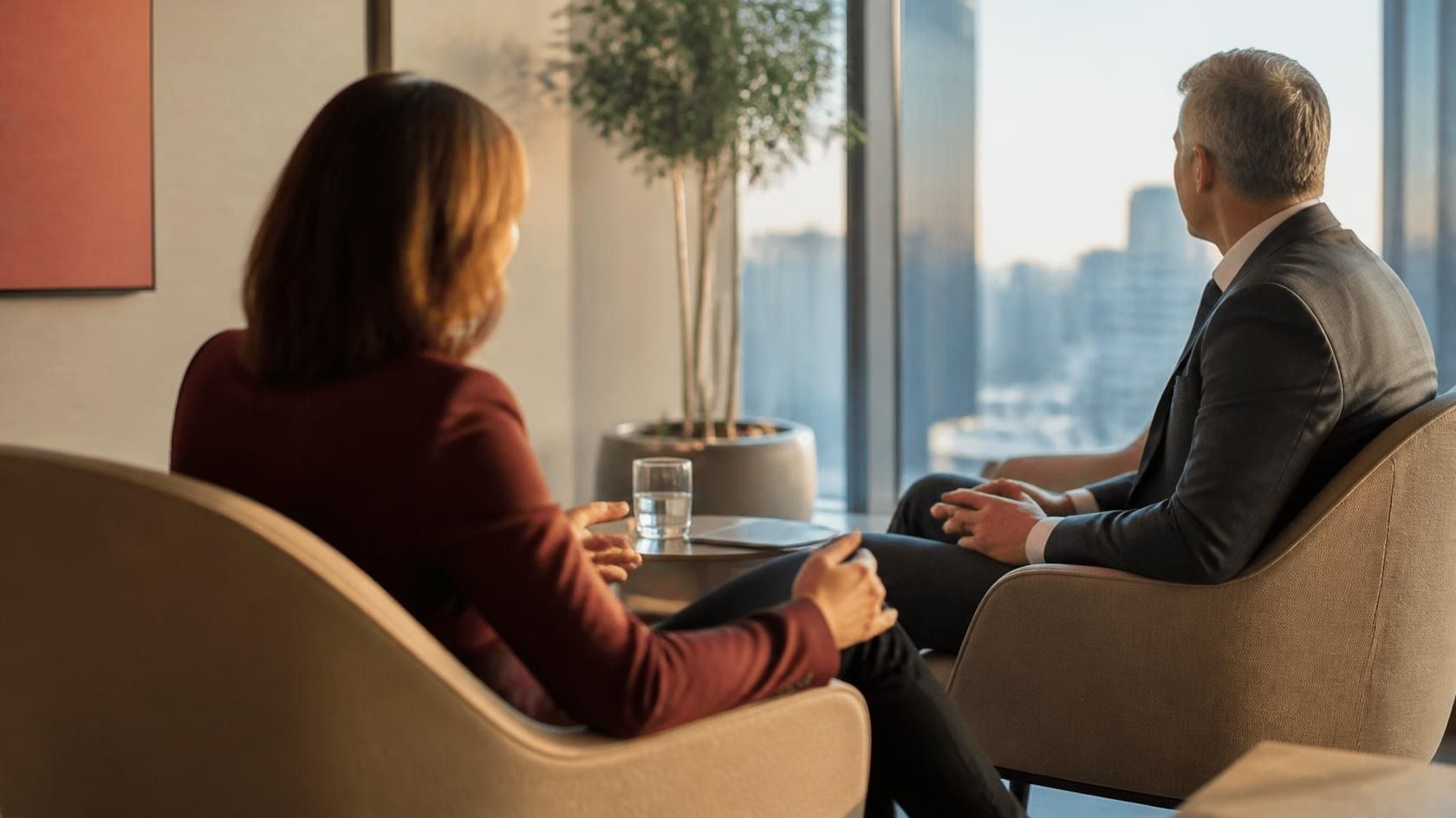 Two executives in business attire in a coaching conversation by an office window overlooking the city