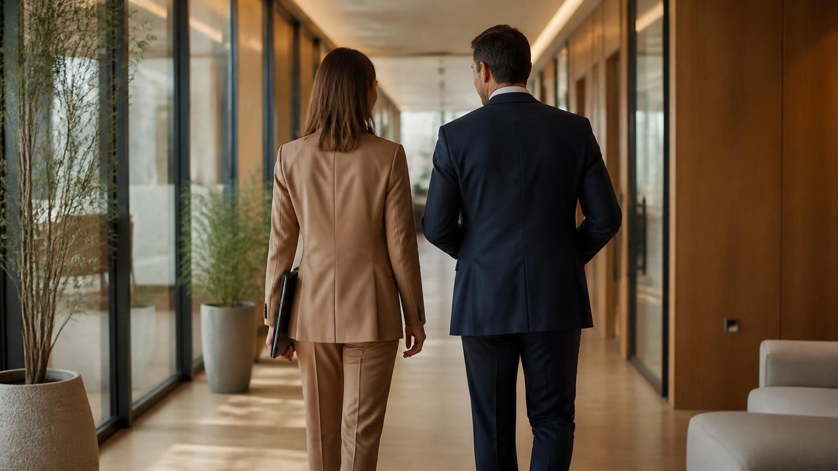 Two executives in tailored suits walking and talking down a bright office corridor